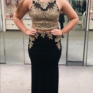 Black two piece prom dress with gold detail